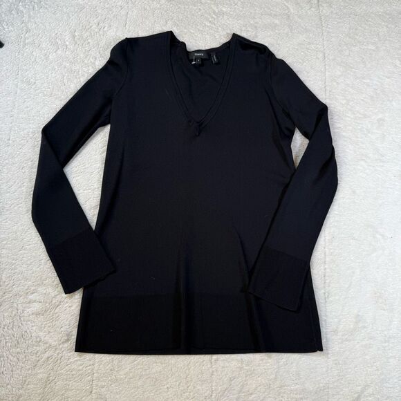 Theory Britona Solid Black V-Neck Long Sleeve Slit Cuff Tunic Sweater - Picture 2 of 7